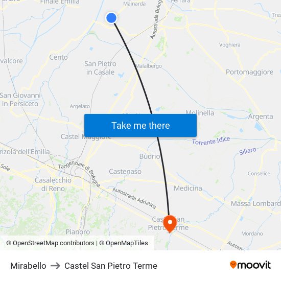 Mirabello to Castel San Pietro Terme map