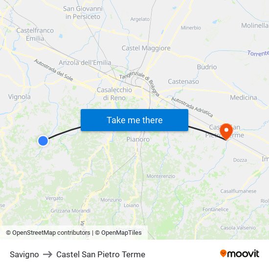 Savigno to Castel San Pietro Terme map