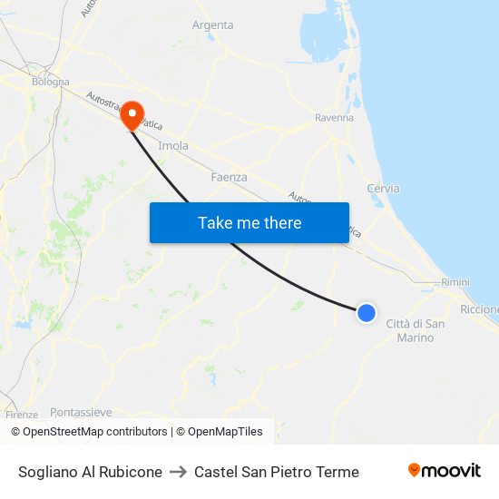 Sogliano Al Rubicone to Castel San Pietro Terme map