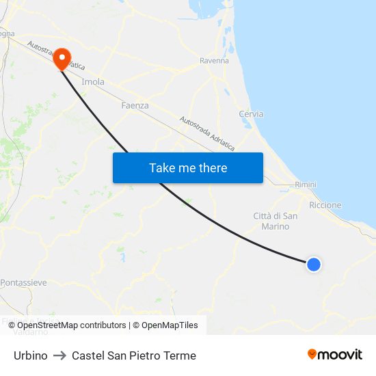 Urbino to Castel San Pietro Terme map