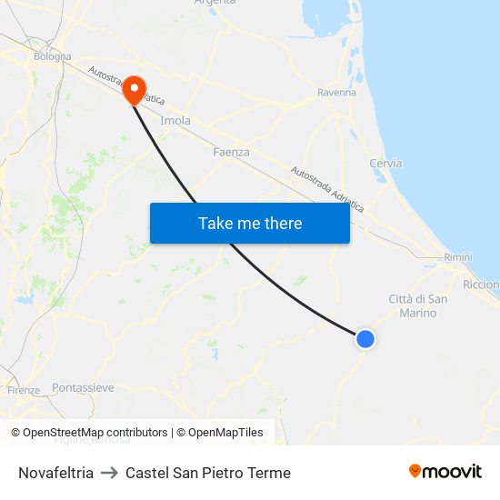 Novafeltria to Castel San Pietro Terme map