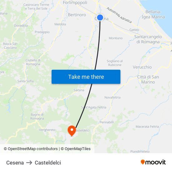 Cesena to Casteldelci map