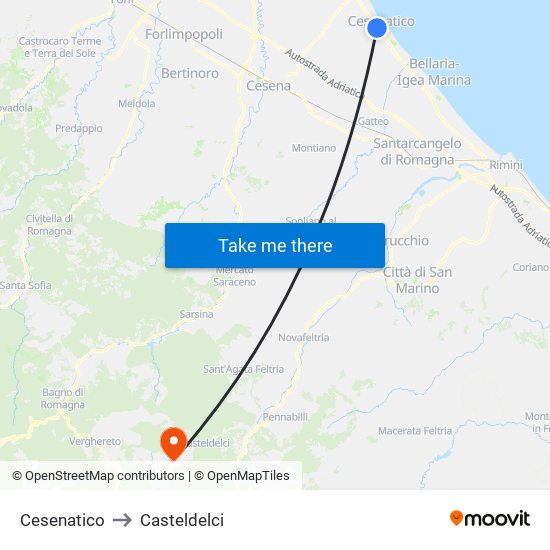 Cesenatico to Casteldelci map