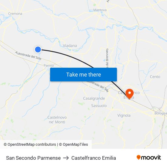 San Secondo Parmense to Castelfranco Emilia map