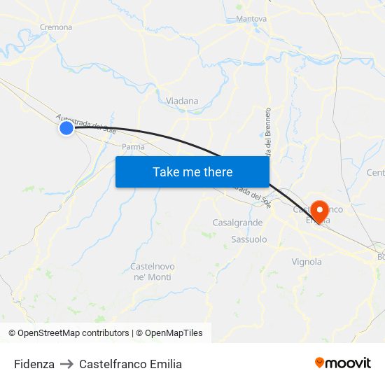 Fidenza to Castelfranco Emilia map