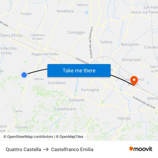 Quattro Castella to Castelfranco Emilia map