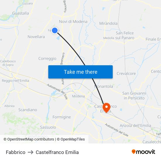 Fabbrico to Castelfranco Emilia map