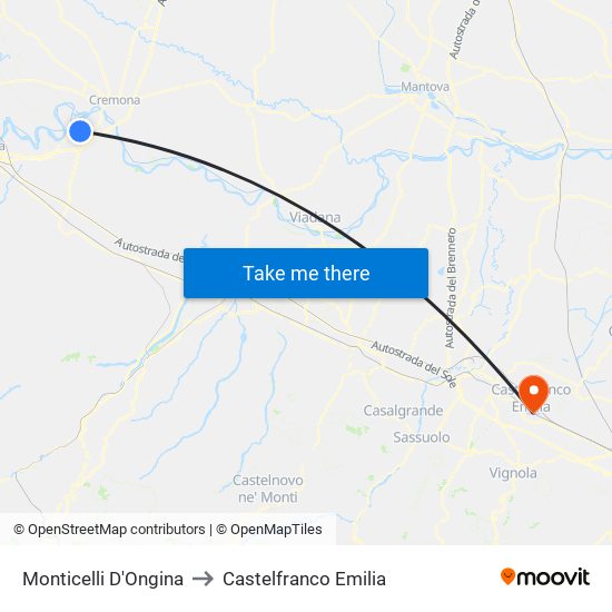 Monticelli D'Ongina to Castelfranco Emilia map