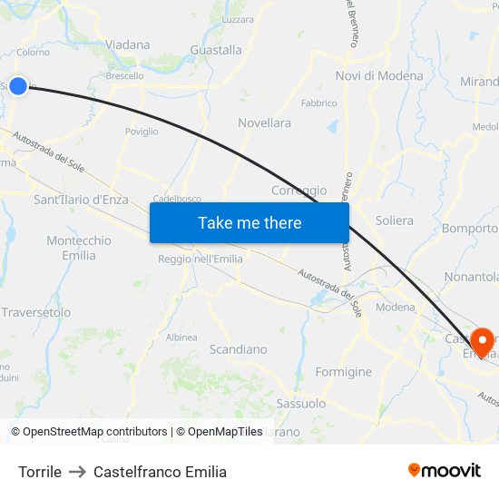 Torrile to Castelfranco Emilia map