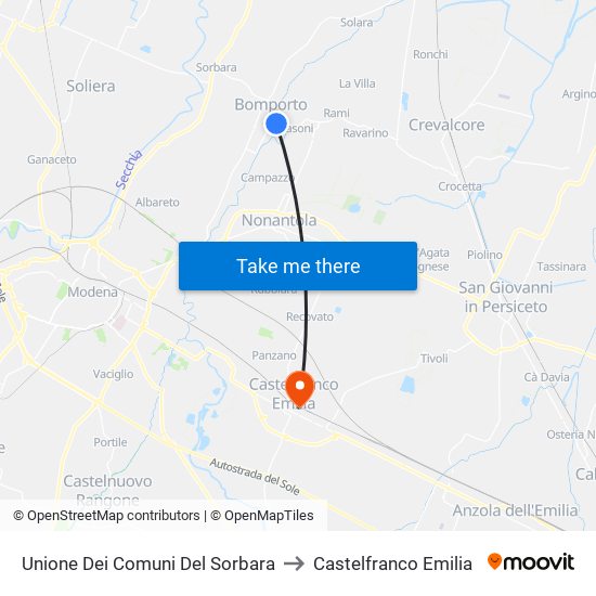 Unione Dei Comuni Del Sorbara to Castelfranco Emilia map