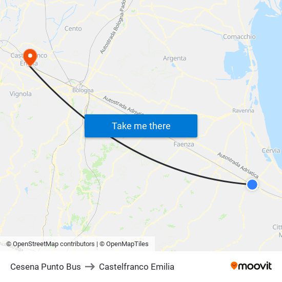 Cesena Punto Bus to Castelfranco Emilia map