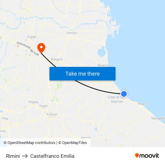 Rimini to Castelfranco Emilia map