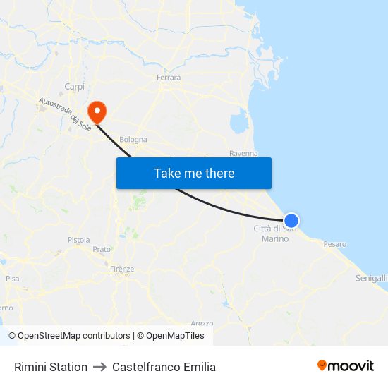 Rimini Station to Castelfranco Emilia map