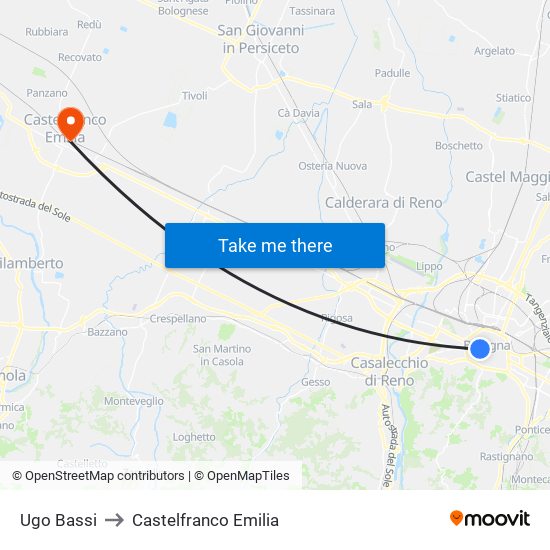 Ugo Bassi to Castelfranco Emilia map