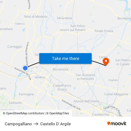 Campogalliano to Castello D' Argile map