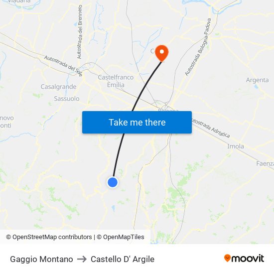Gaggio Montano to Castello D' Argile map