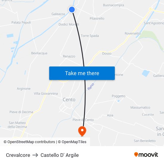 Crevalcore to Castello D' Argile map