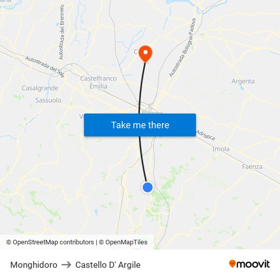 Monghidoro to Castello D' Argile map
