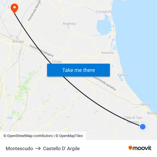 Montescudo to Castello D' Argile map