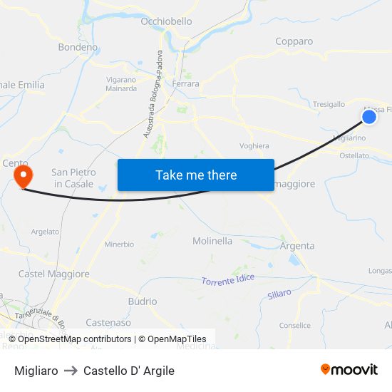Migliaro to Castello D' Argile map