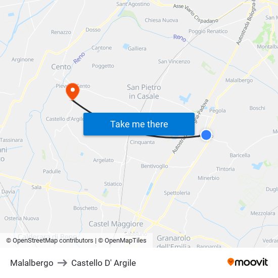 Malalbergo to Castello D' Argile map