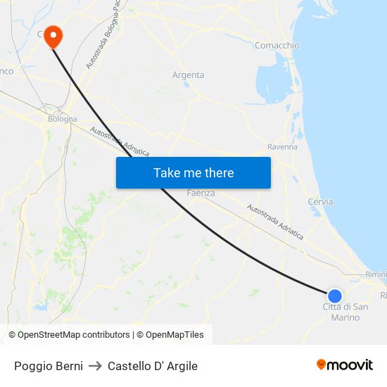 Poggio Berni to Castello D' Argile map