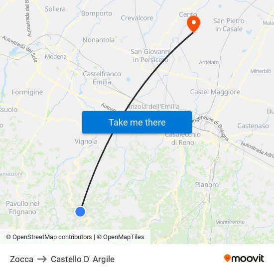 Zocca to Castello D' Argile map