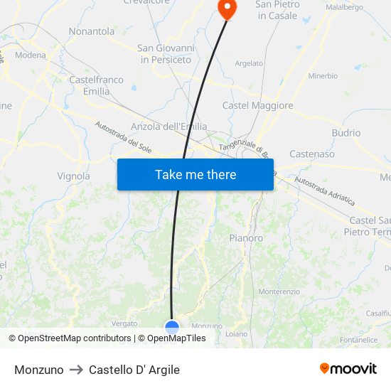 Monzuno to Castello D' Argile map