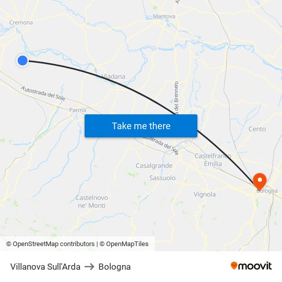 Villanova Sull'Arda to Bologna map