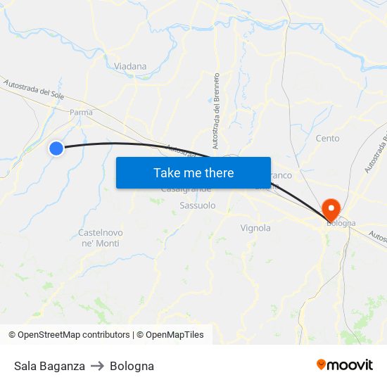Sala Baganza to Bologna map