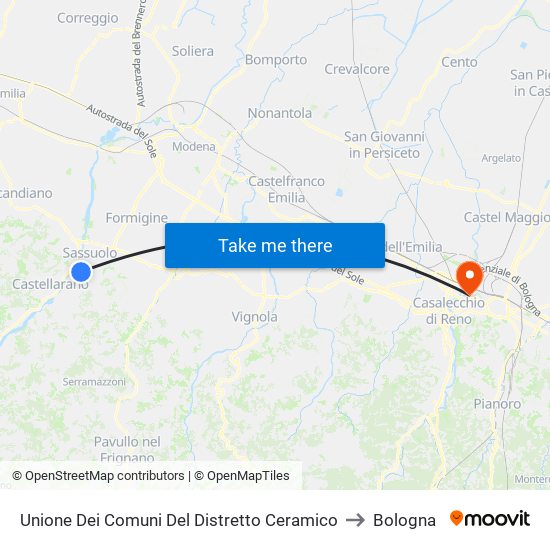 Unione Dei Comuni Del Distretto Ceramico to Bologna map