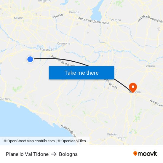 Pianello Val Tidone to Bologna map
