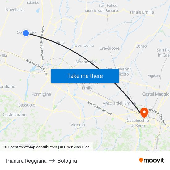 Pianura Reggiana to Bologna map