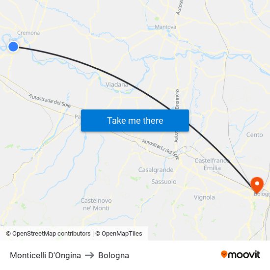 Monticelli D'Ongina to Bologna map