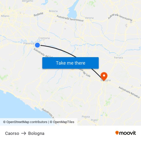 Caorso to Bologna map
