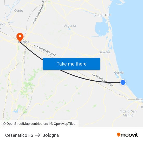 Cesenatico FS to Bologna map