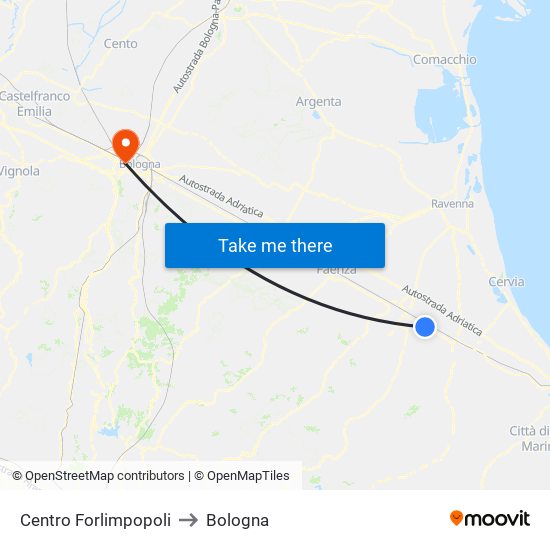 Centro Forlimpopoli to Bologna map