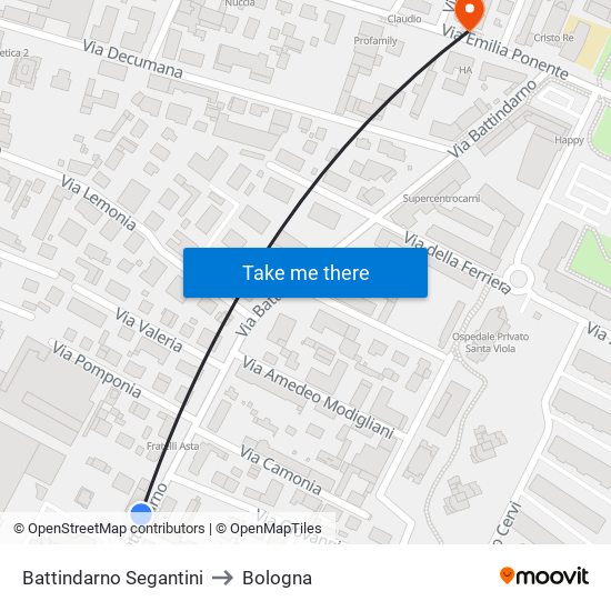 Battindarno Segantini to Bologna map