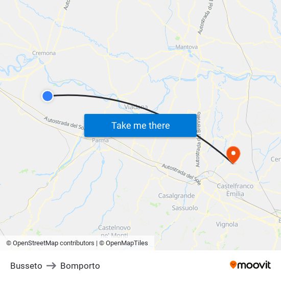 Busseto to Bomporto map