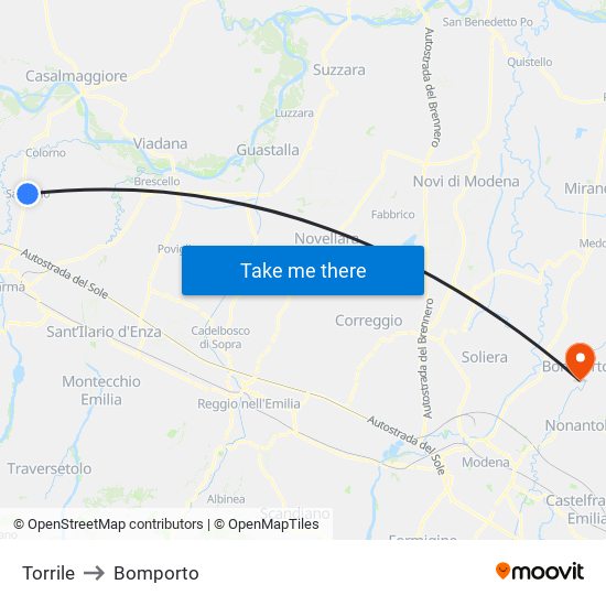 Torrile to Bomporto map