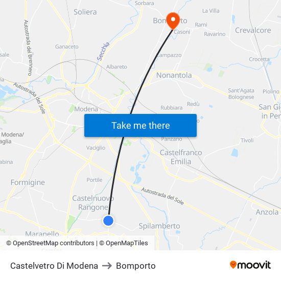 Castelvetro Di Modena to Bomporto map
