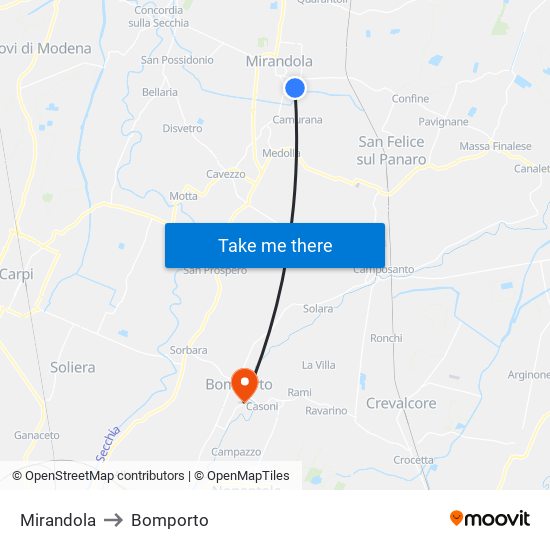 Mirandola to Bomporto map