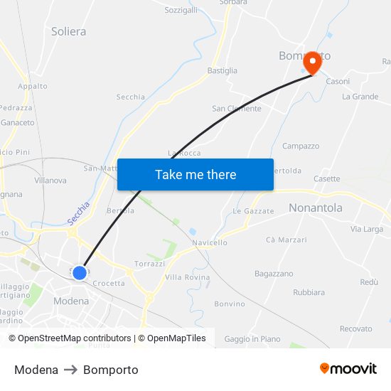 Modena to Bomporto map