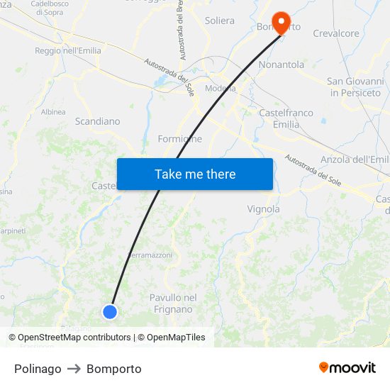 Polinago to Bomporto map