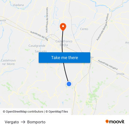 Vergato to Bomporto map