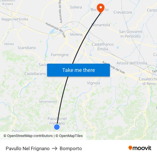 Pavullo Nel Frignano to Bomporto map