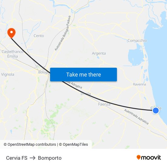 Cervia FS to Bomporto map