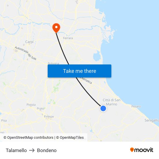 Talamello to Bondeno map