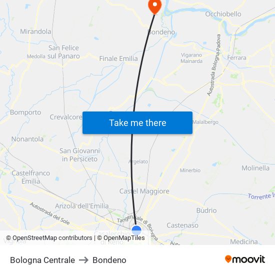 Bologna Centrale to Bondeno map