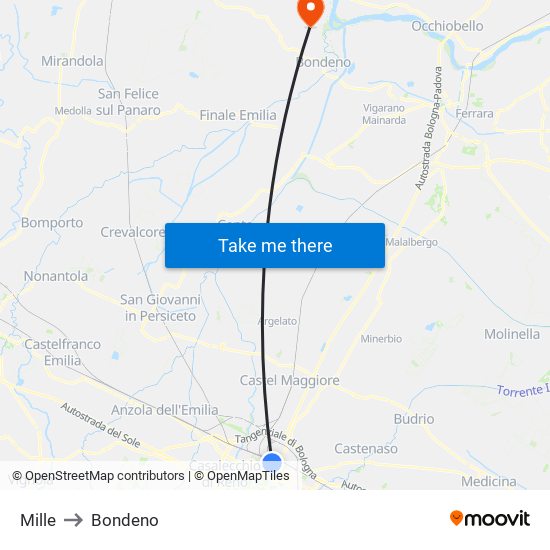 Mille to Bondeno map